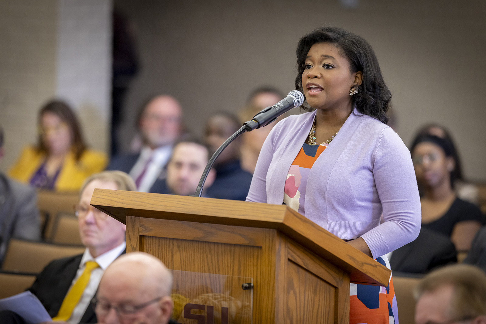 Alcina DaCosta speaks at the LSU Board of Supervisors meeting in February.