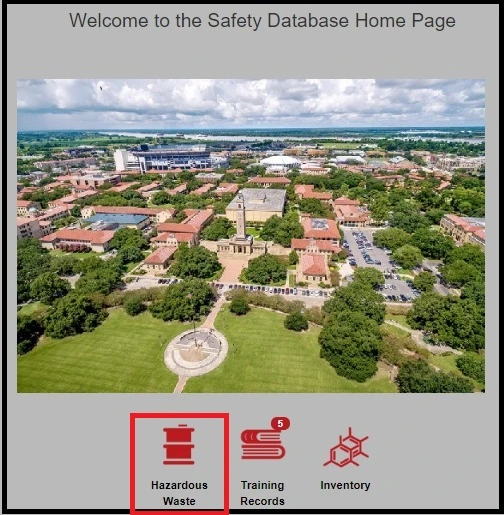 Safety Database Home Page with the "Hazardous Waste" icon highlighted.