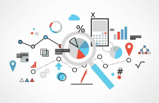 Calculator and magnifying glass with arrows