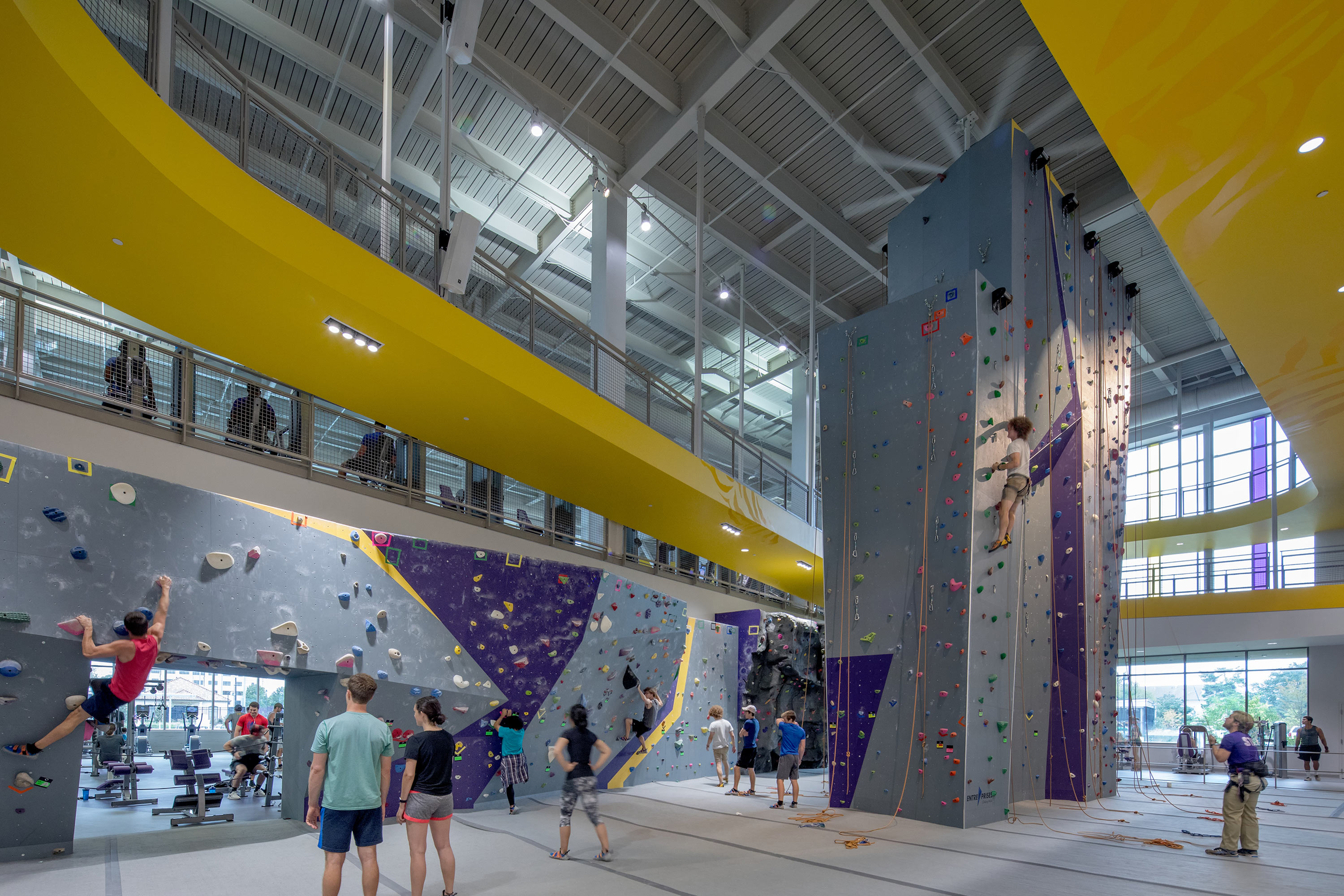 Patrons climbing the walls of the climbing area